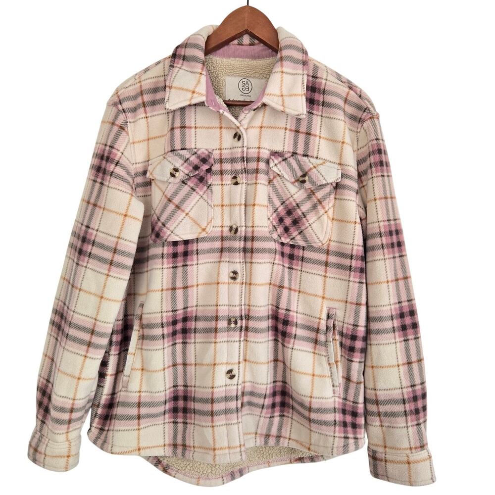 Cabincore/Gorpcore Pink & Cream Plaid Plush‑Lined Shacket Size Medium